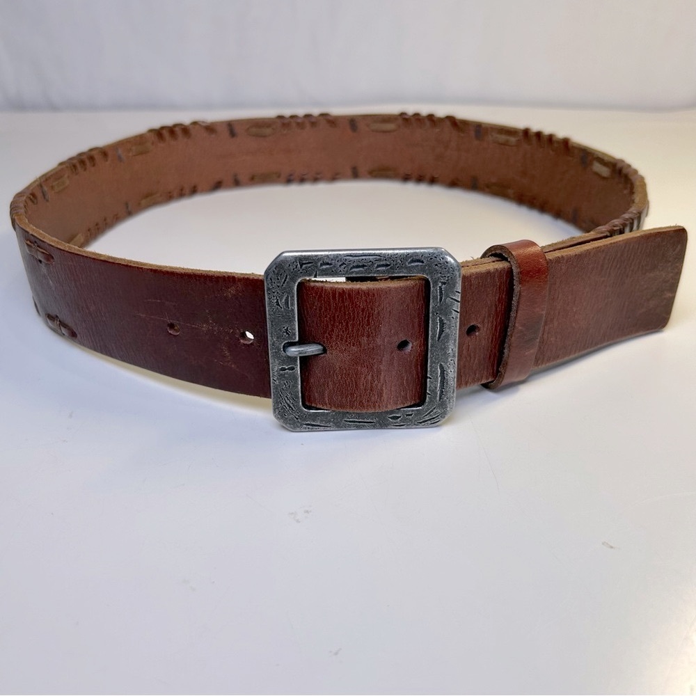 Tommy Bahama Brown Leather Western Belt Whipstitch Antiqued  Square Buckle 32